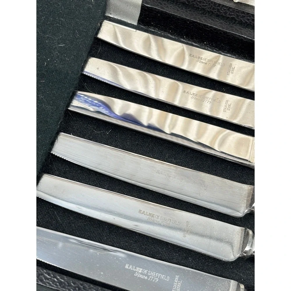 Vtg Eales of Sheffield 6 Piece Steak Knife Set Stainless Mother of Pearl Case
